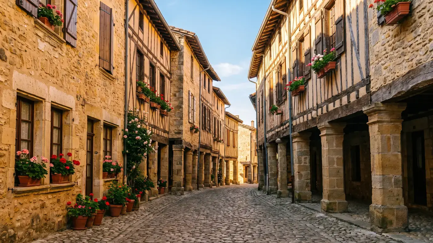 Ruelle pavée et maisons à colombages dans la bastide de Montréal-du-Gers