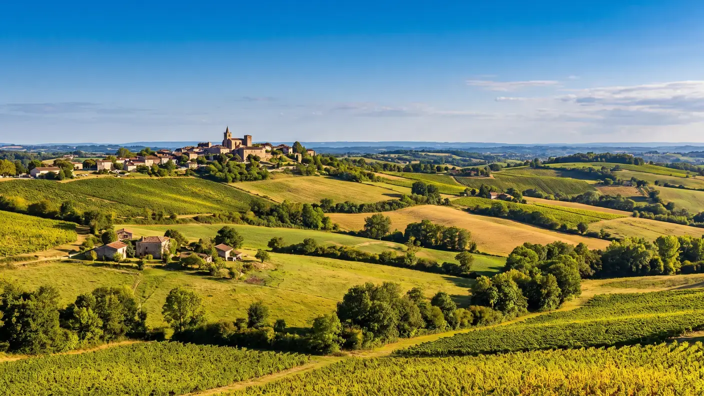 Collines cultivées de la Ténarèze avec un village à l'horizon
