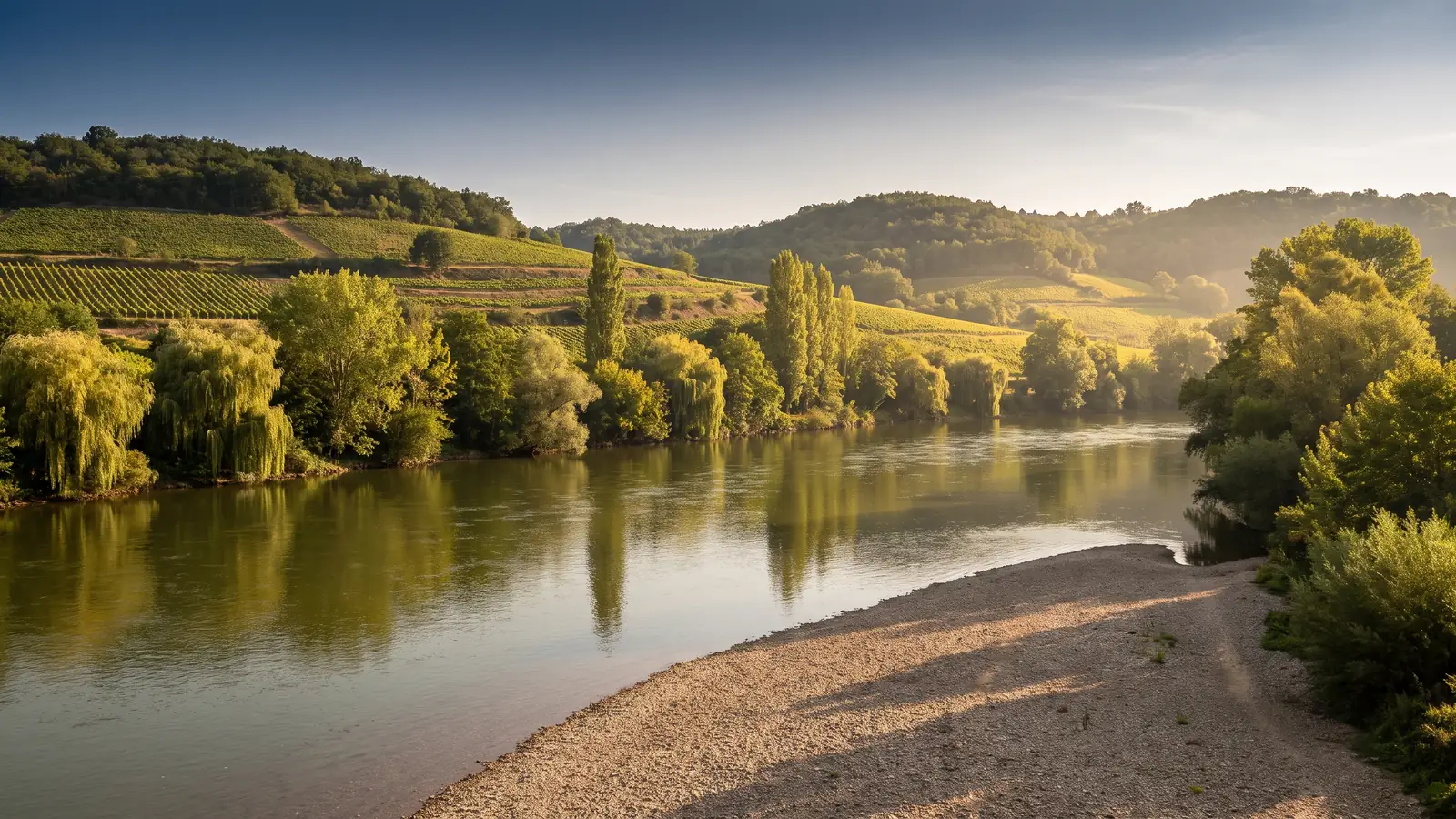 La vallée de la Dordogne près de Castillon, un fleuve calme longeant des coteaux de vignes au coucher du soleil