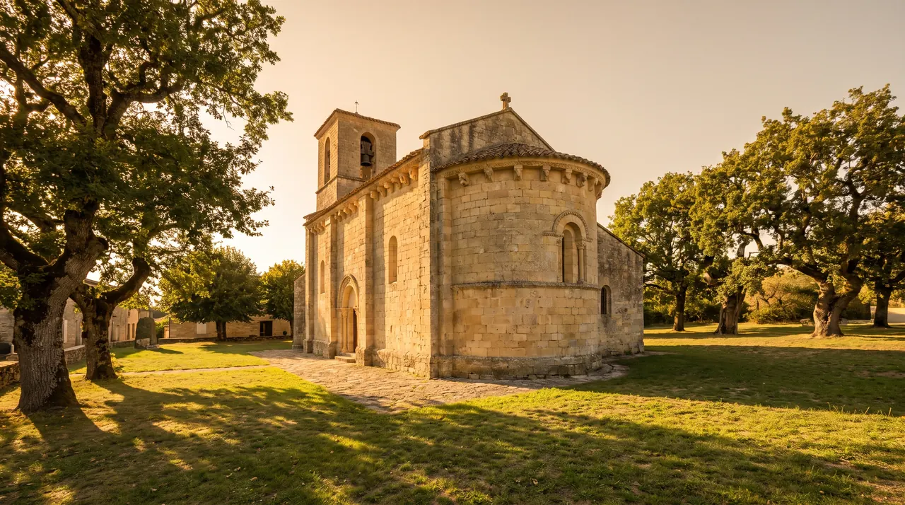 Petite église romane en pierre claire à chevet arrondi et modillons sculptés à Moulis-en-Médoc, lumière chaude
