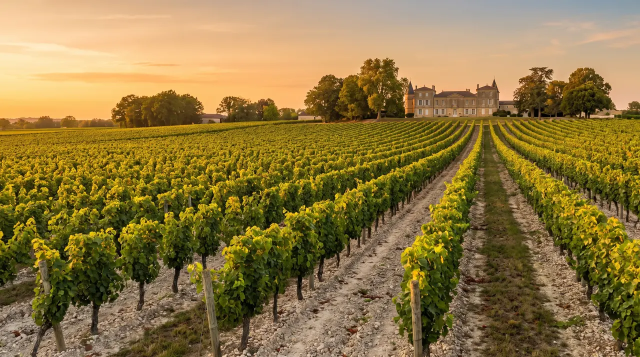 Rangs de vignes sur un sol de graves clair à Moulis au soleil couchant, château de pierre et bois au loin