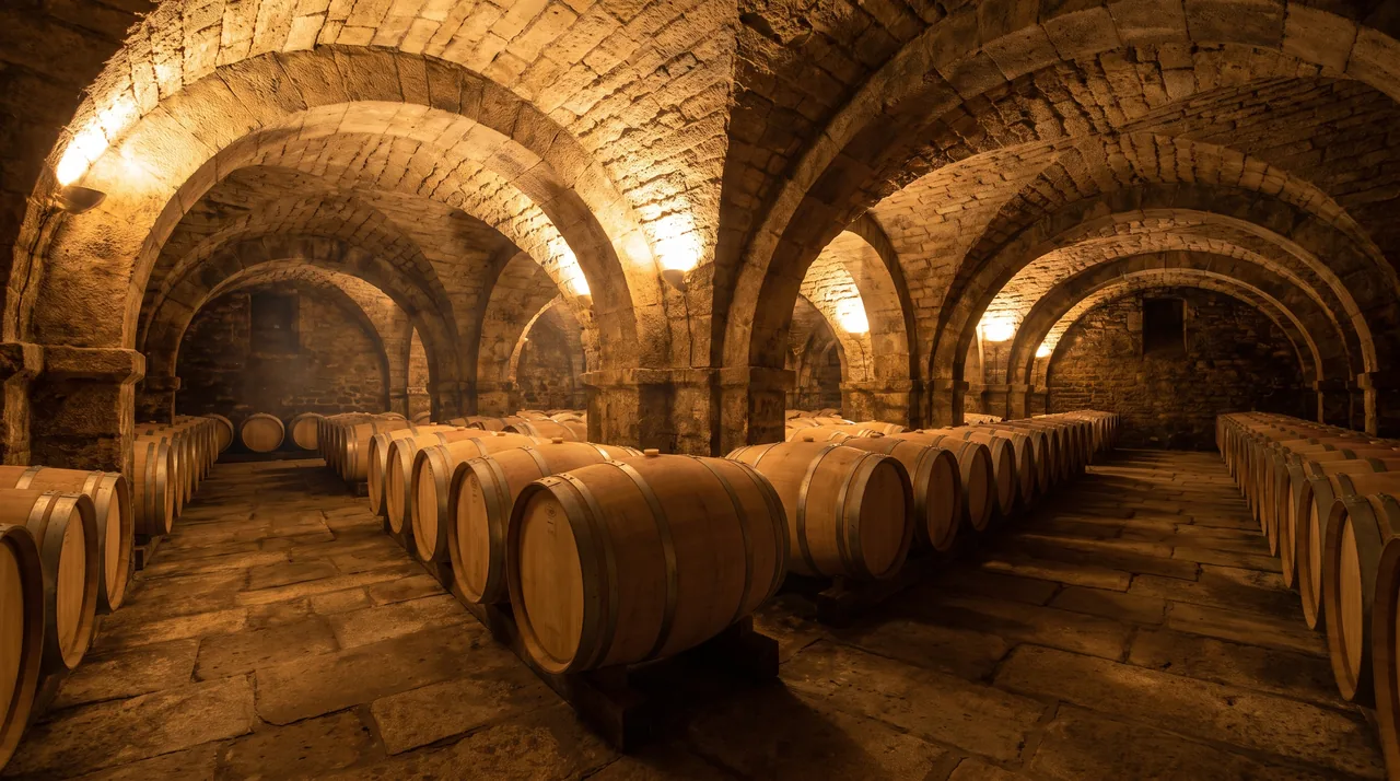 Barriques de chêne alignées dans un chai voûté en pierre à Moulis, lumière chaude sur le bois