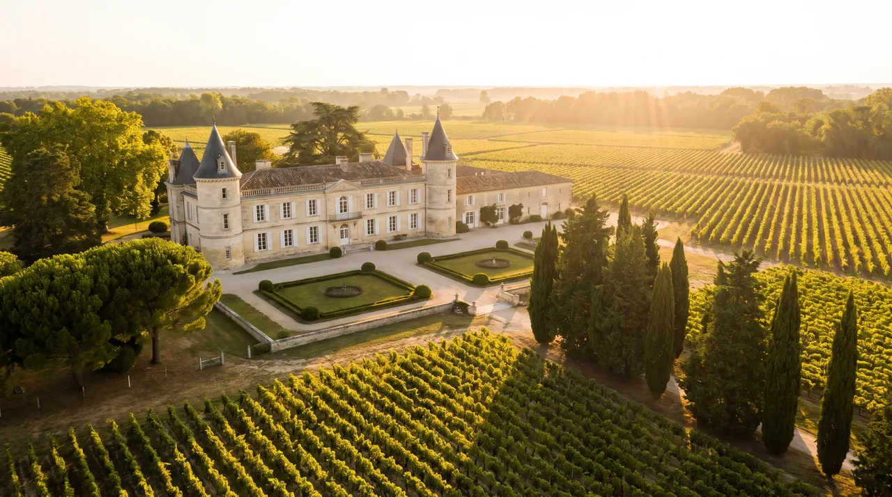 Grand château viticole du Médoc en pierre claire à tours et toits d'ardoise, entouré de vignes, lumière chaude