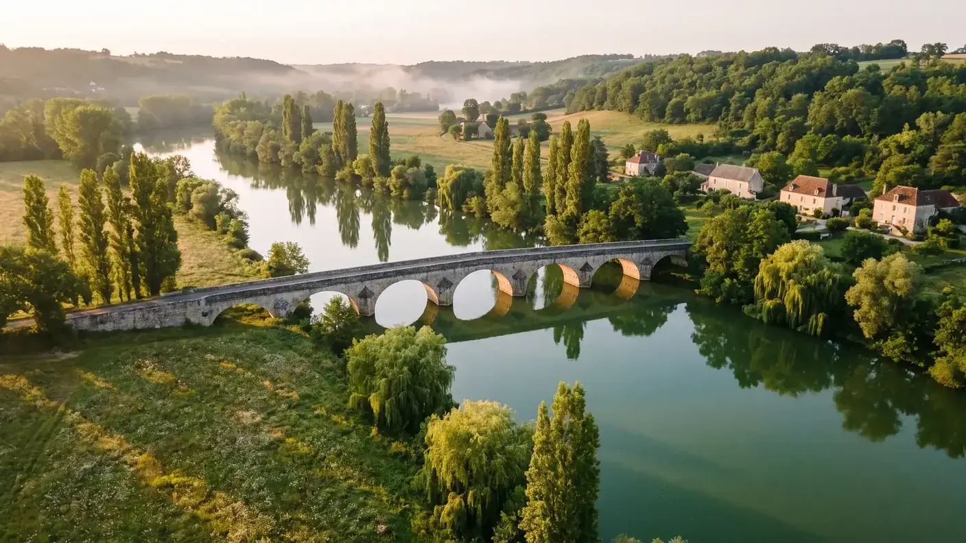 Rivière Isle, vieux pont et prairies dans la vallée de Mussidan