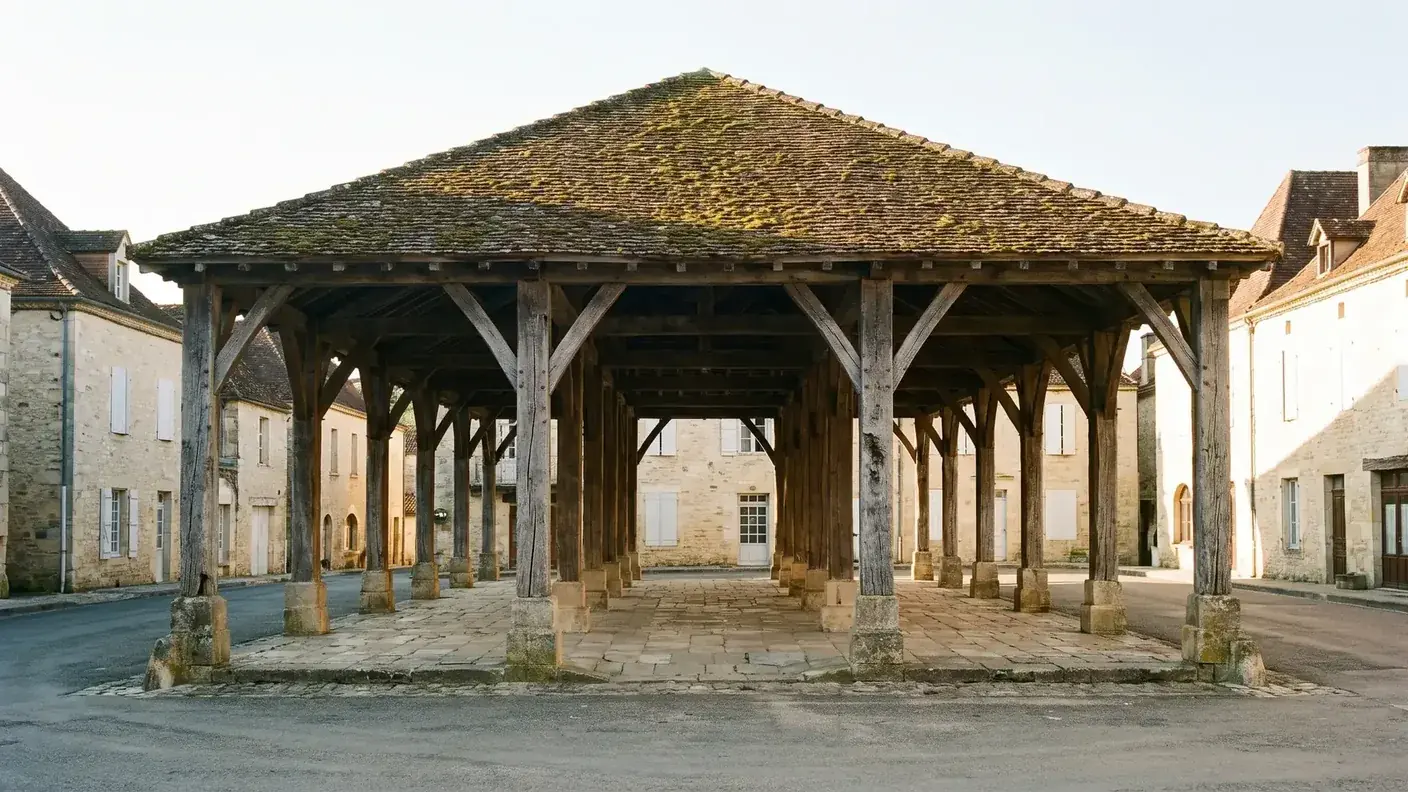 Halle en pierre et bois sur une place du Périgord