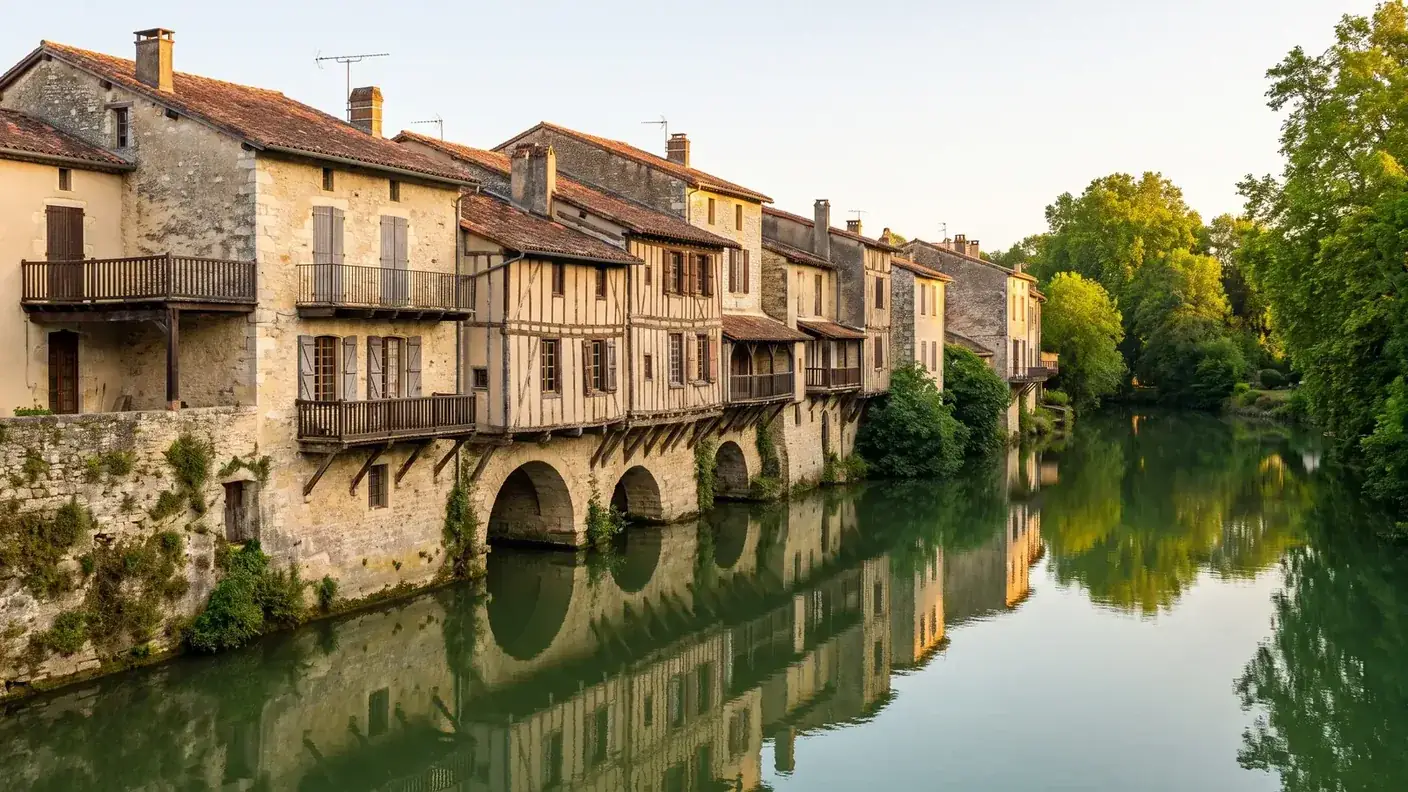 Le Petit Nérac, vieilles maisons de pierre et à colombages au bord de la Baïse, reflets dans la rivière