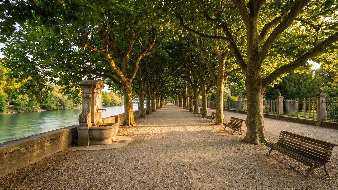 Le parc de la Garenne à Nérac, longue allée de grands platanes le long de la Baïse, fontaine de pierre