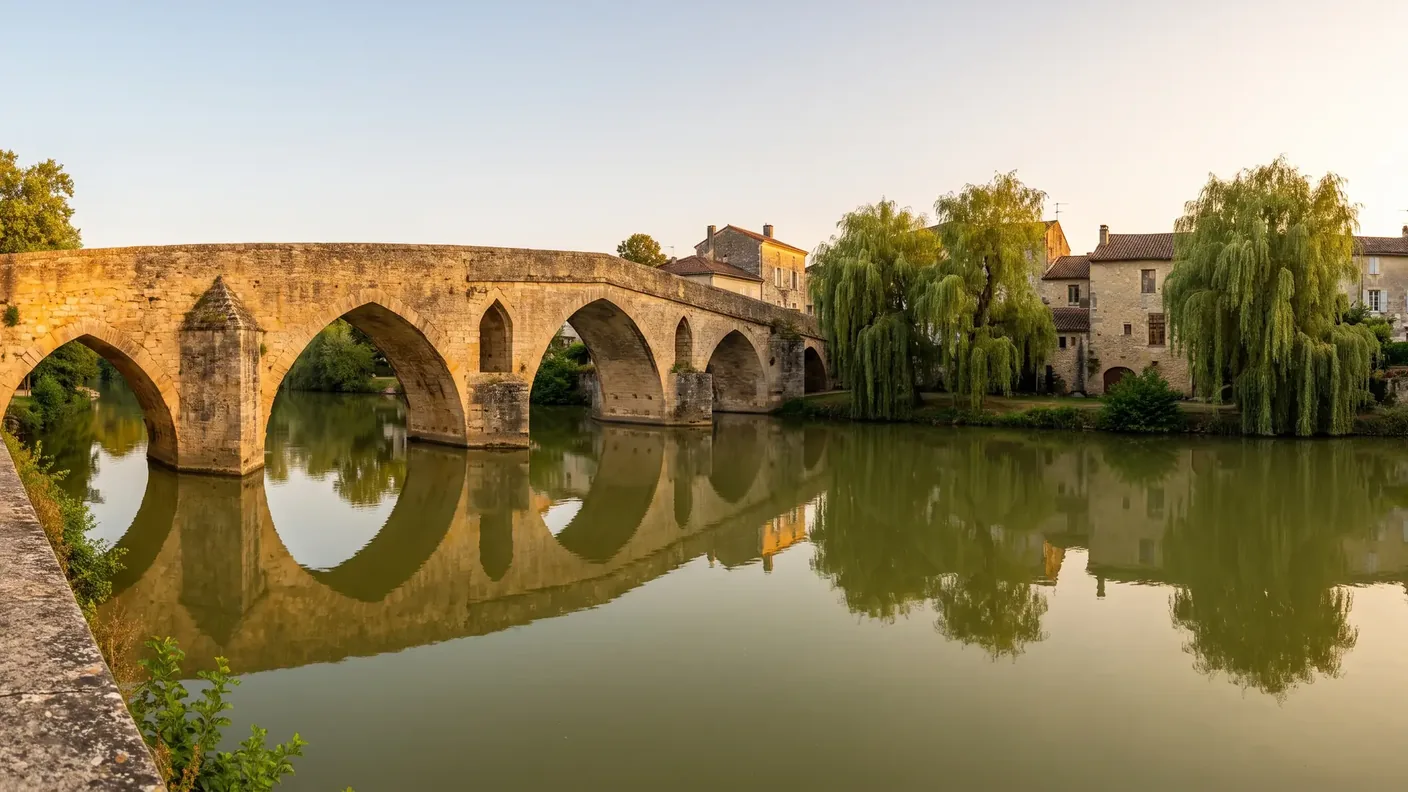 Le Pont-Vieux de Nérac, pont de pierre gothique à arches sur la Baïse, reflets et maisons anciennes