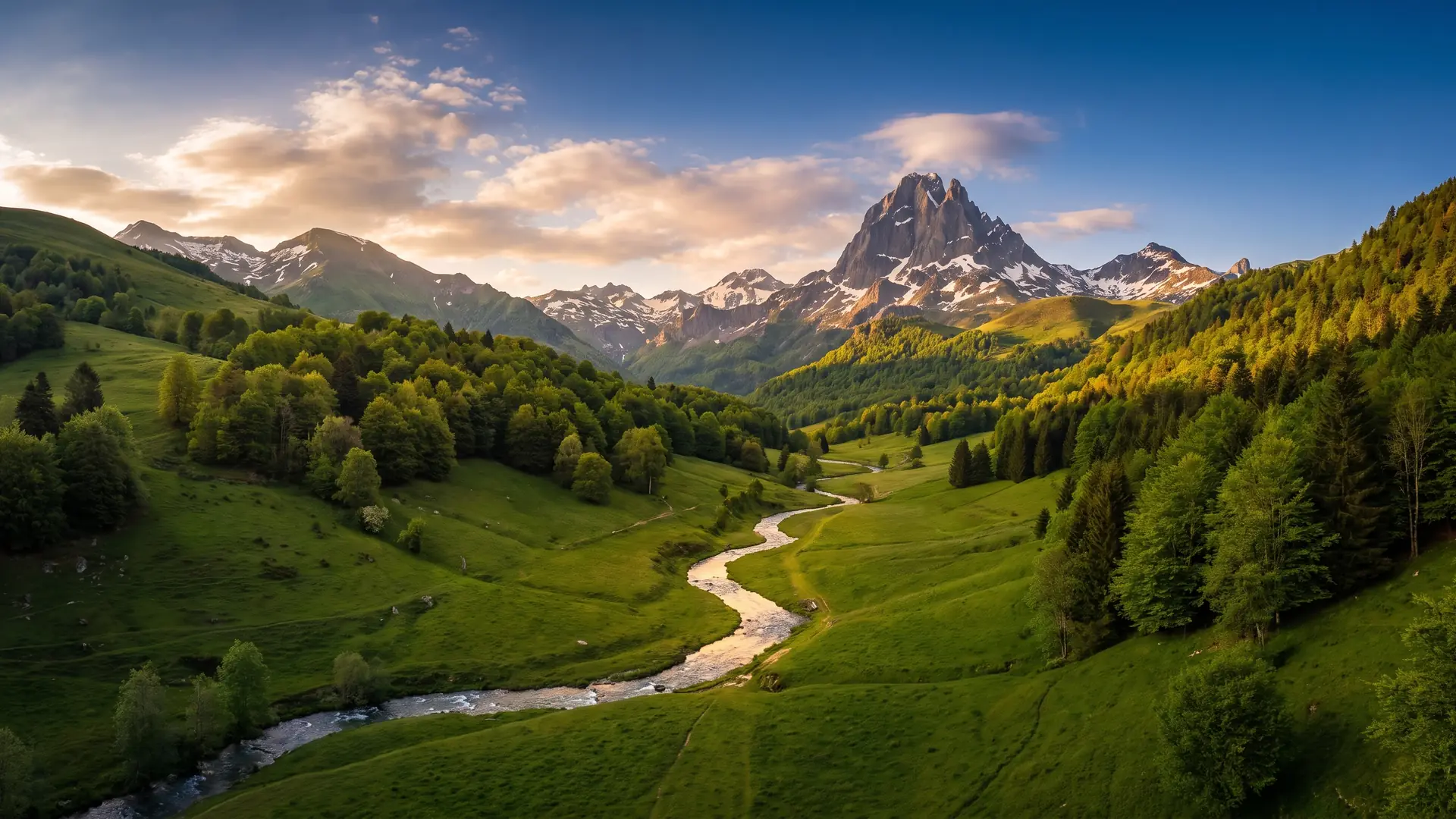 Vallée pyrénéenne près d'Oloron avec le pic du Midi d'Ossau