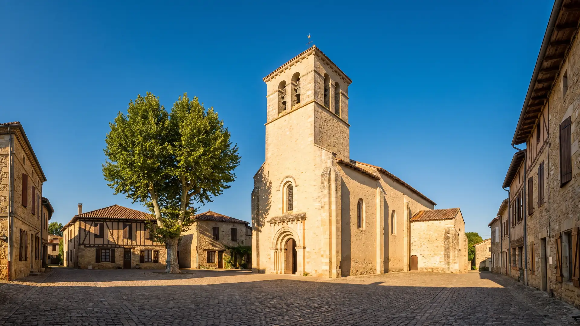 Une église de village en pierre de miel au clocher massif, dans un enclos verdoyant des Landes
