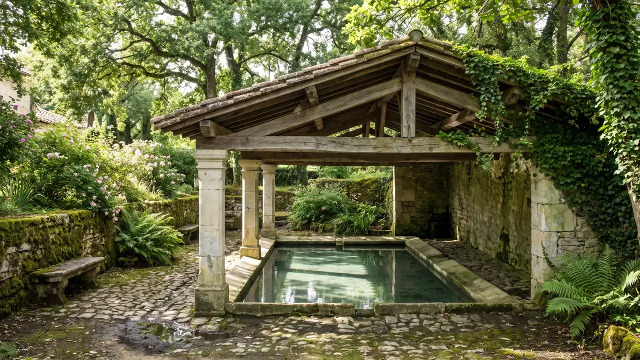 Un ancien lavoir couvert en pierre claire au toit de tuiles, dans un village des Landes