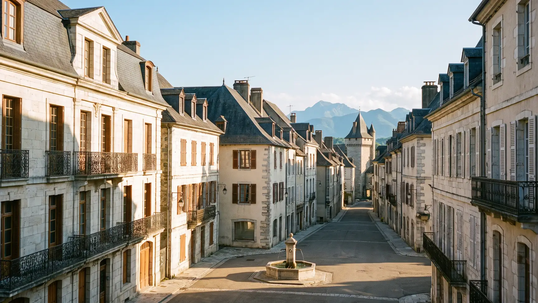 Rue pavée du centre historique de Pau avec le château au loin