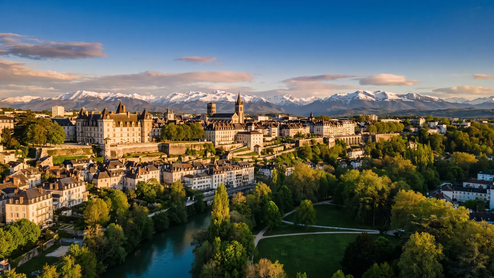 Panorama de Pau, du château et des Pyrénées depuis le coteau