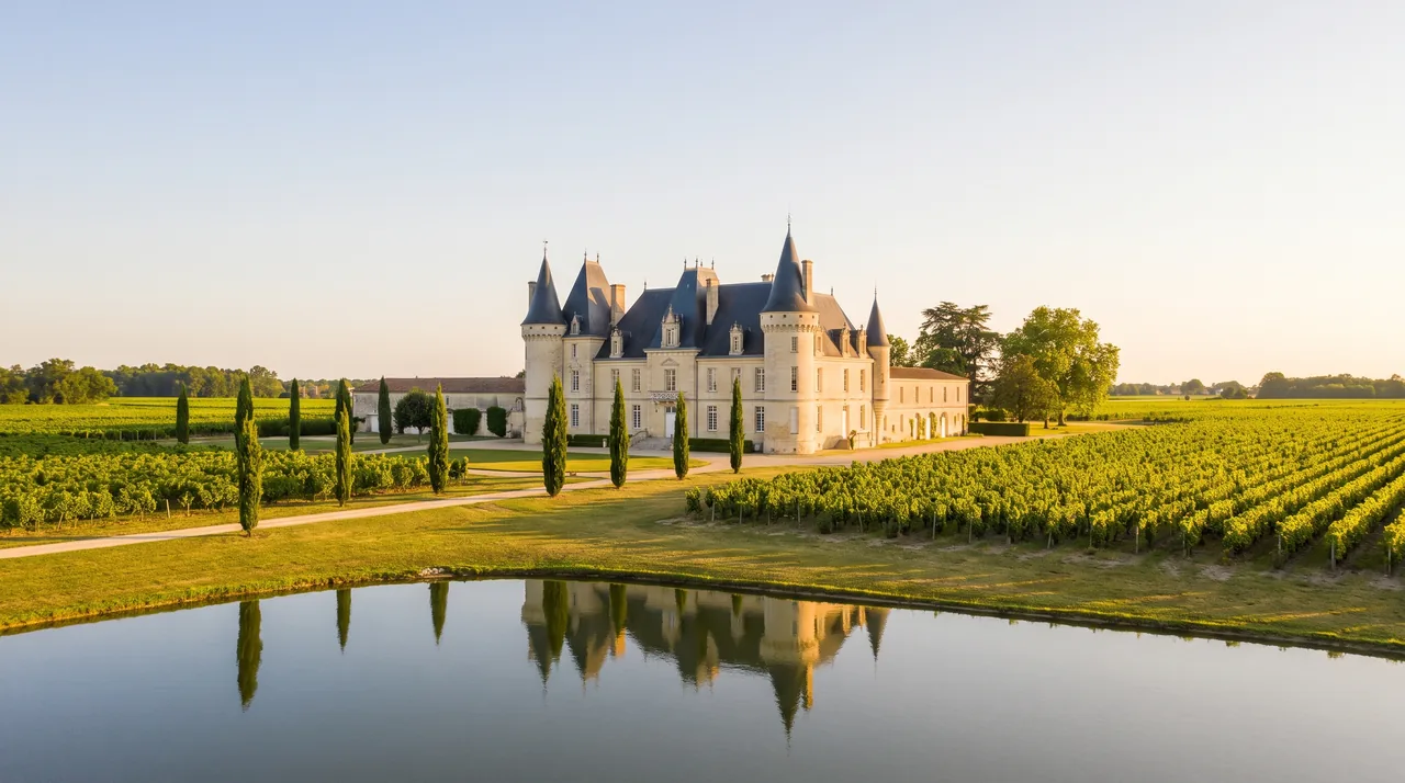 Grand château viticole du Médoc en pierre claire, tours et toits d'ardoise, bassin réfléchissant et vignes à Pauillac