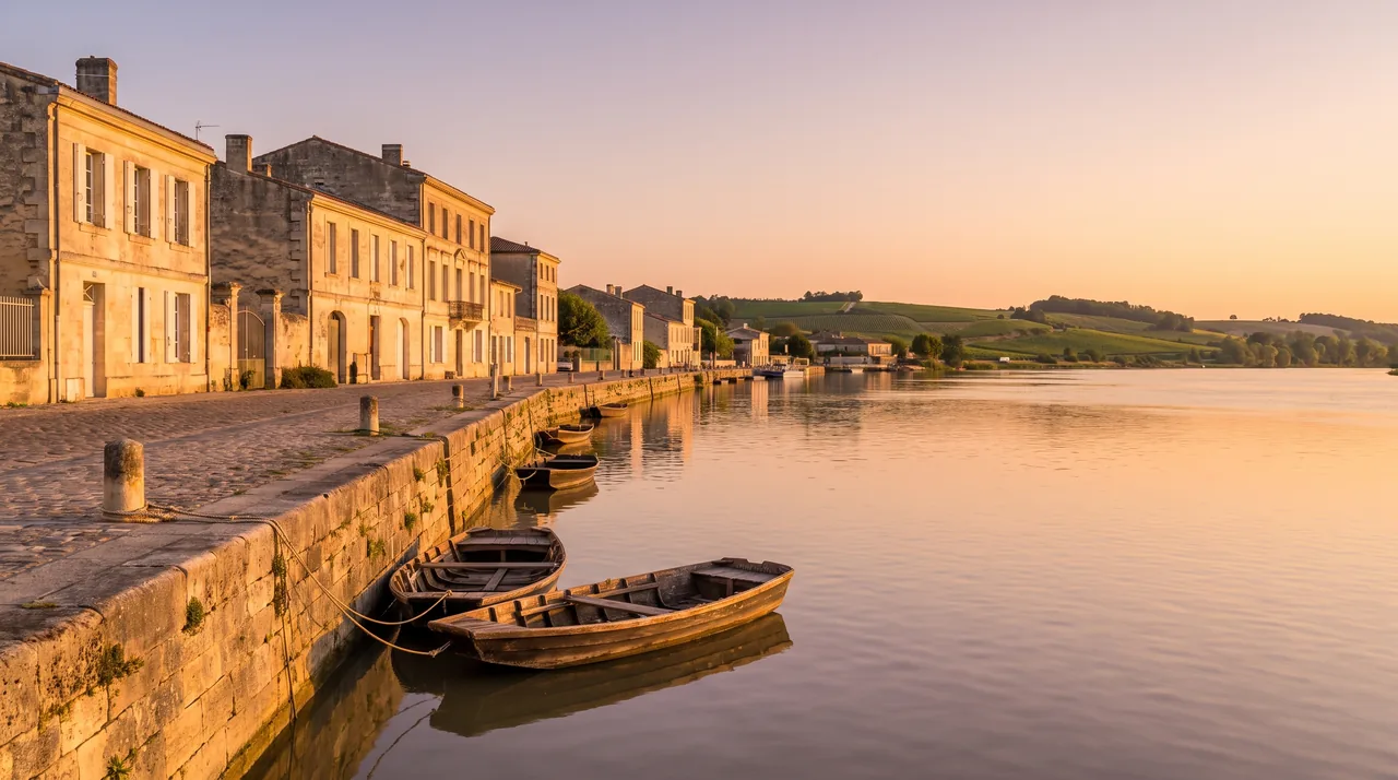 Quai de pierre le long de l'estuaire de la Gironde à Pauillac au couchant, bâtiments bas en retrait, barques amarrées
