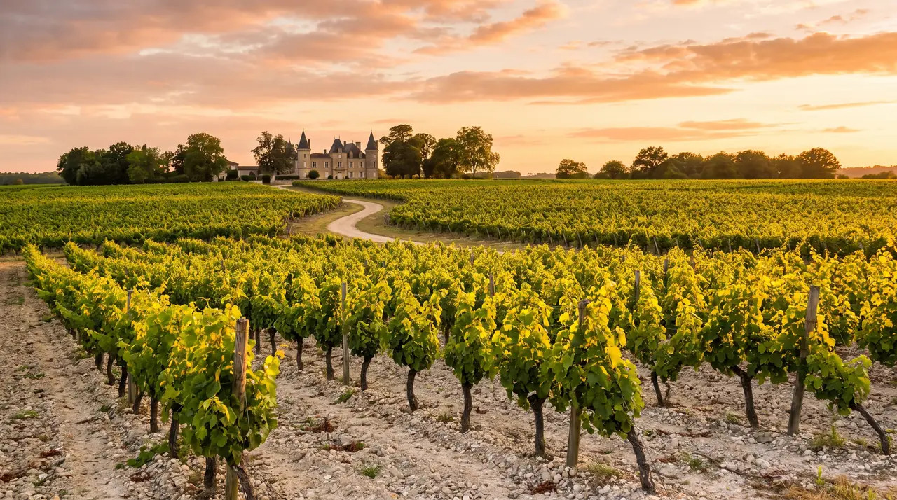 Rangs de vignes sur un sol de graves clair à Pauillac au couchant, feuillage vert vif, château parmi les arbres au loin
