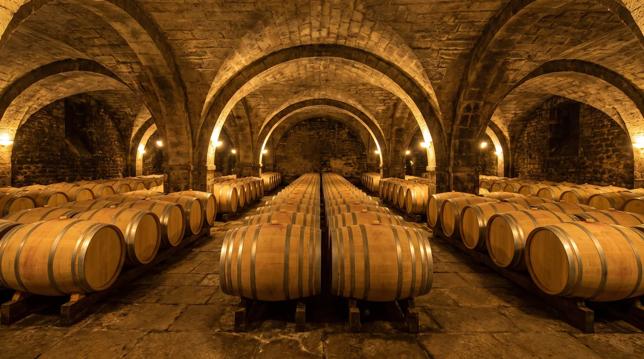 Rangées de barriques de chêne neuves dans un chai voûté en pierre à Pauillac, lumière chaude jouant sur le bois