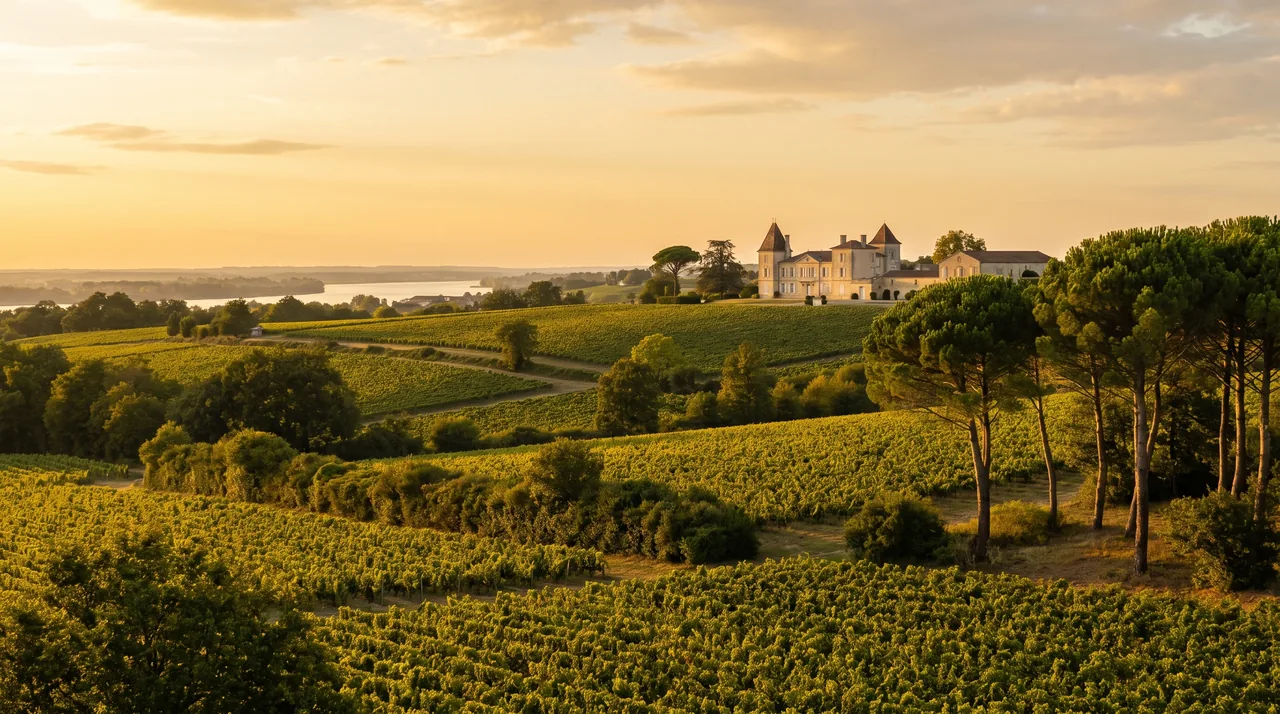 Campagne du Médoc près de Pauillac au couchant, vignes, haies, pins maritimes et un domaine de pierre au loin, lumière dorée