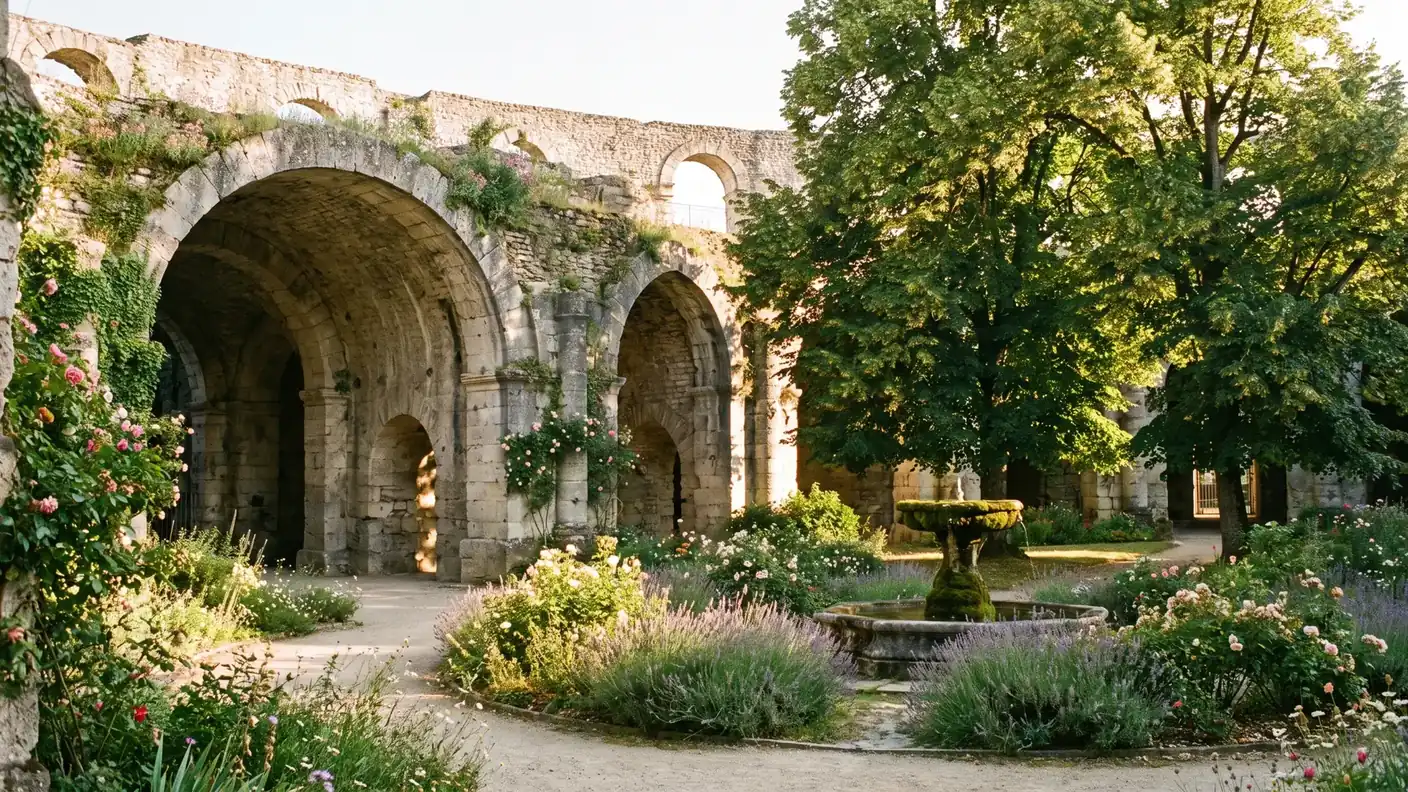 Arches et passages voûtés de l'amphithéâtre gallo-romain de Périgueux dans le jardin des Arènes, jardin public fleuri