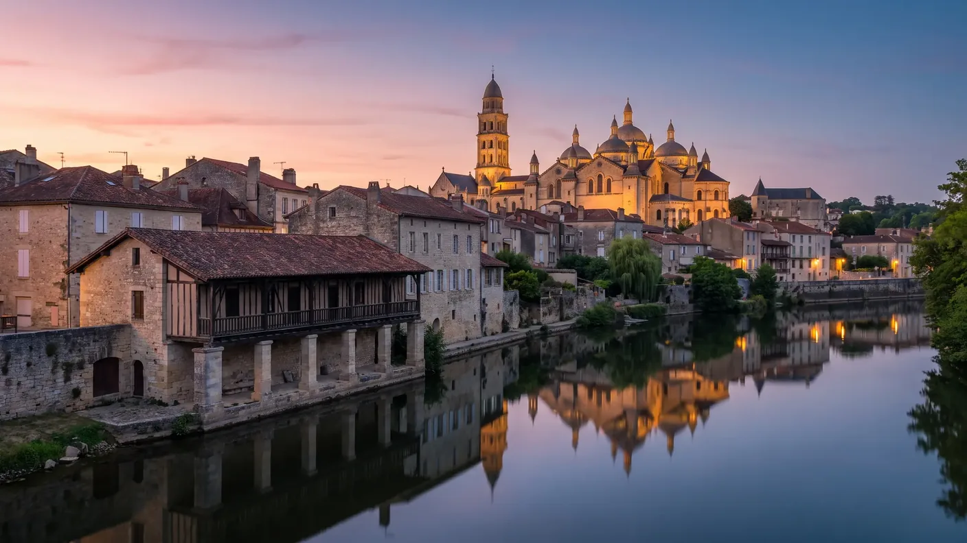 Quais de l'Isle à Périgueux et coupoles de Saint-Front au crépuscule