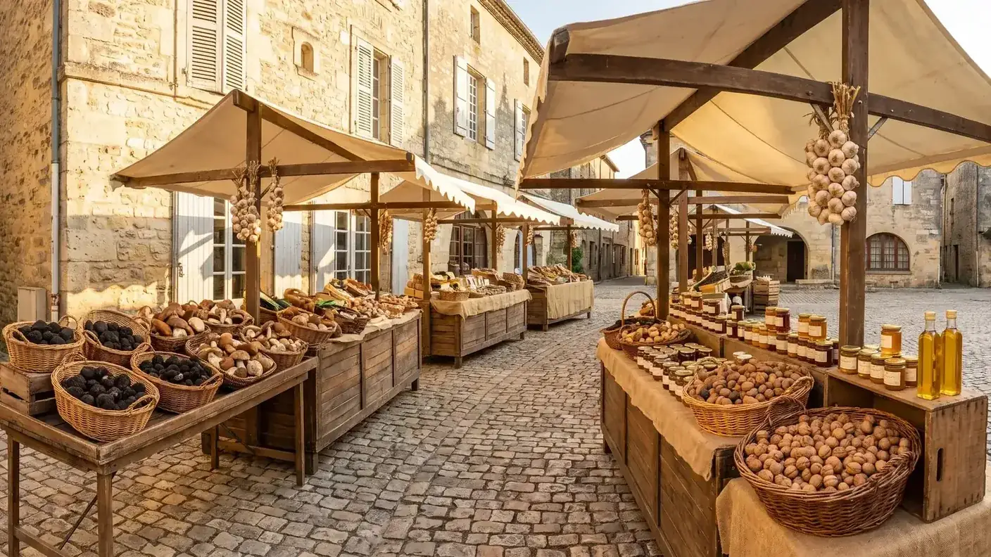 Marché de Périgueux avec truffes, cèpes, noix et miel