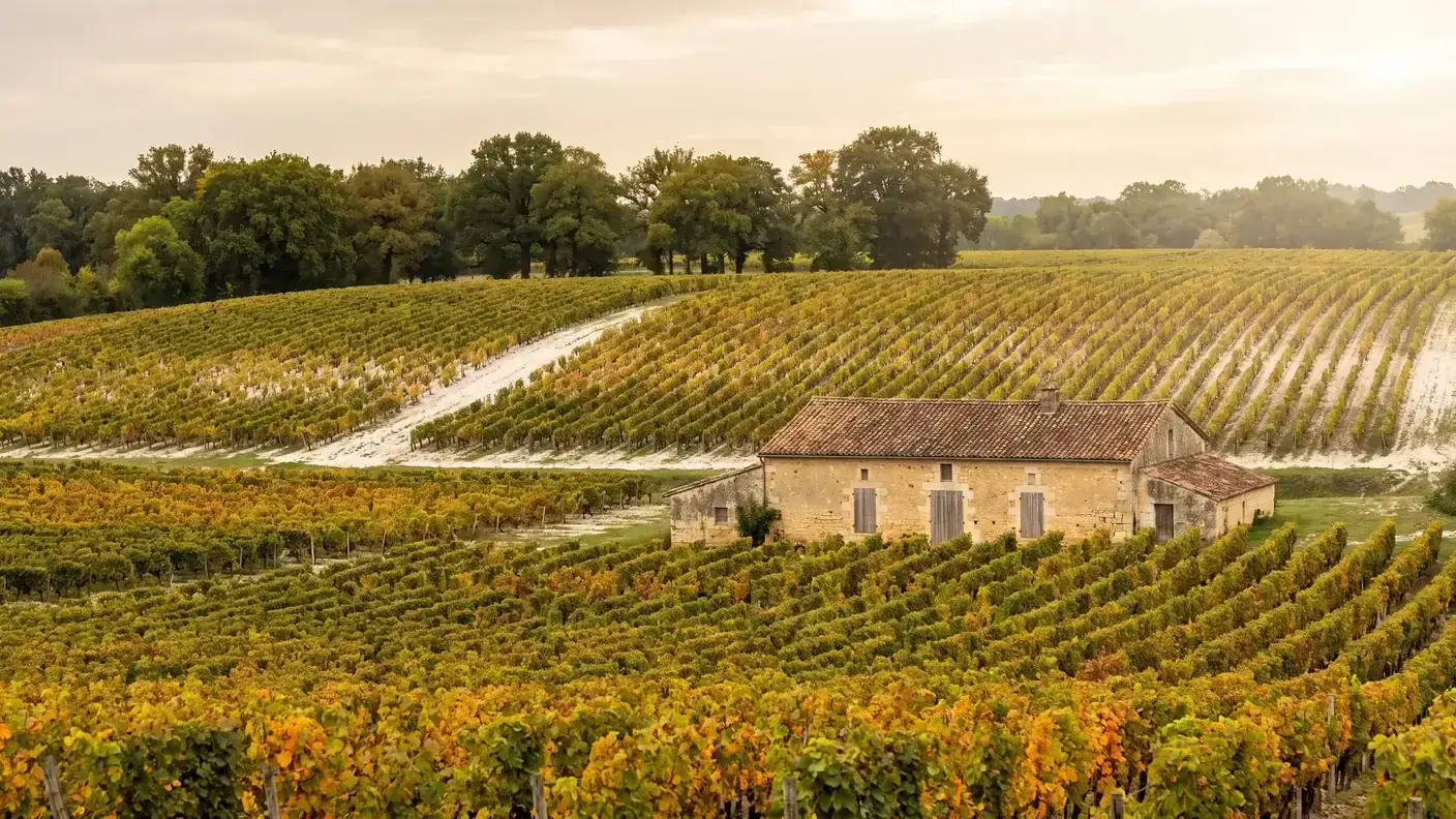 Vignoble de Cognac sur des collines calcaires de Charente, rangs de vigne dorés en automne