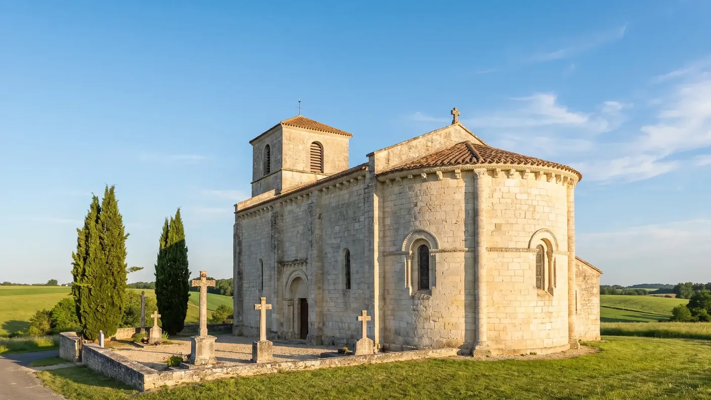Petite église romane de campagne en Charente, murs de calcaire clair, abside semi-circulaire