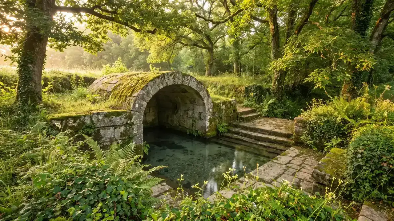 Ancienne fontaine de pierre voûtée et moussue au creux d'un bois de Charente, bassin d'eau claire, fougères et lierre