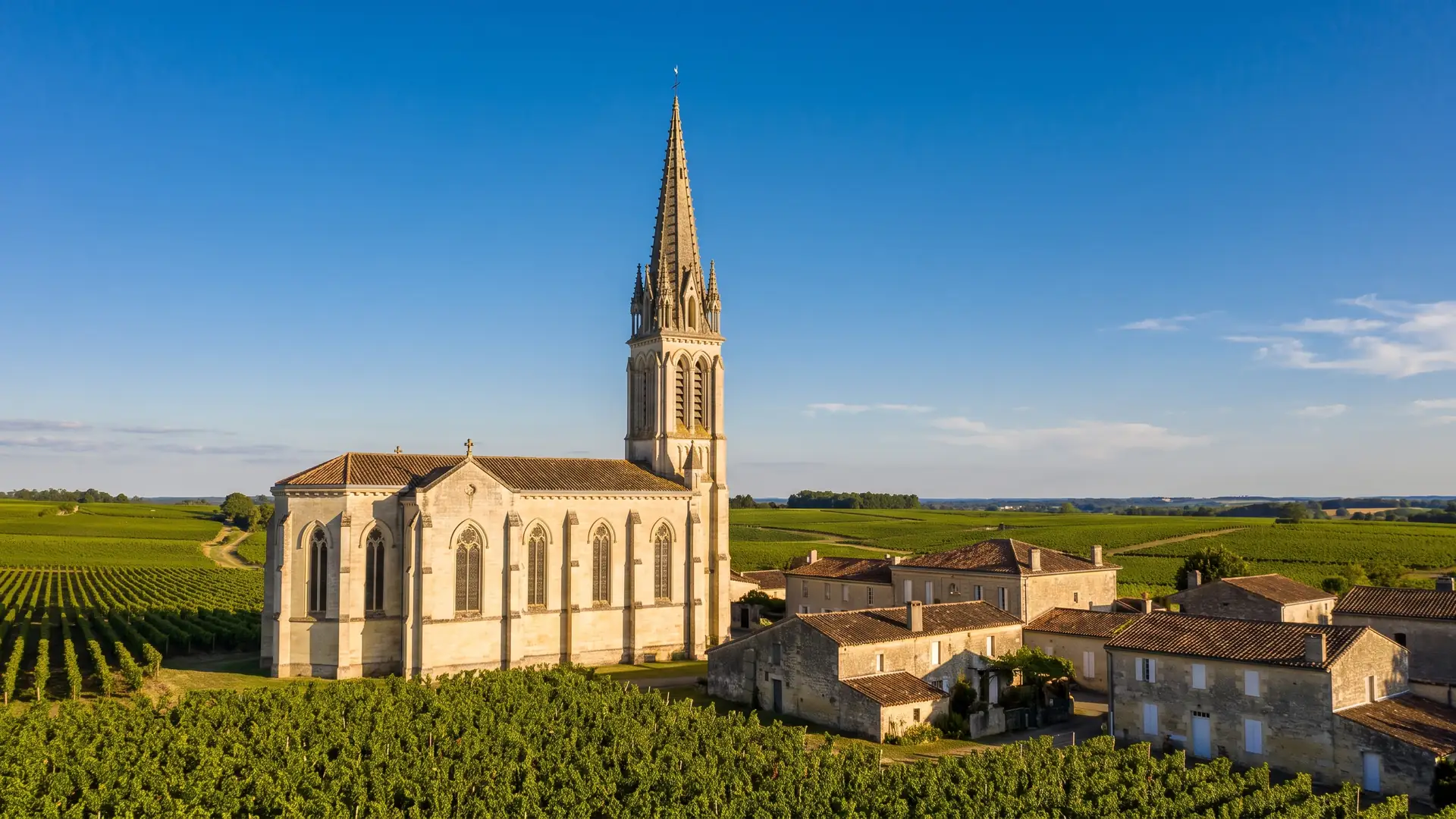 Église de Pomerol et sa flèche au-dessus des vignes