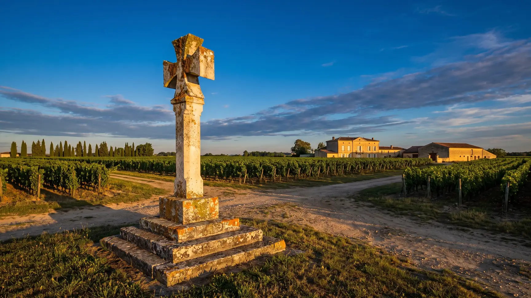Croix de Gay en pierre au milieu des vignes de Pomerol