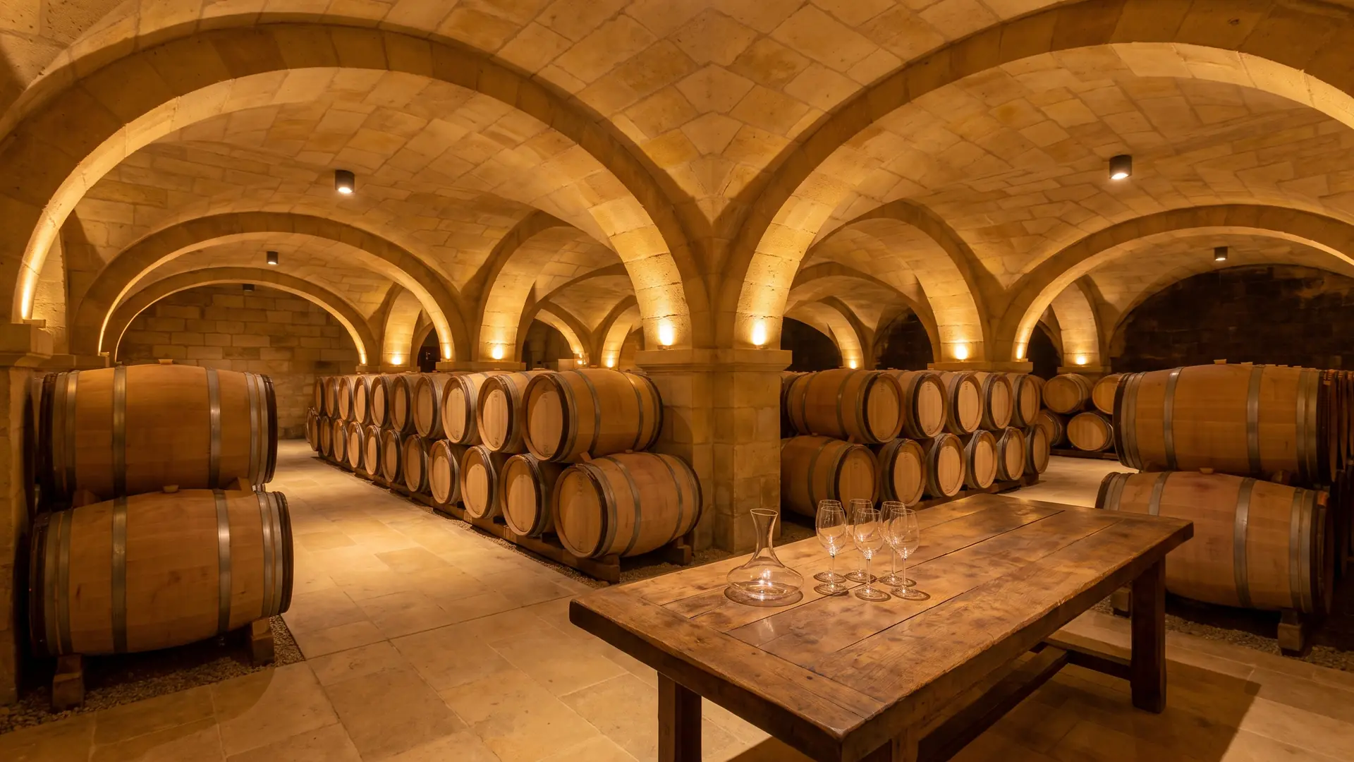 Barriques alignées dans un chai en pierre de Pomerol