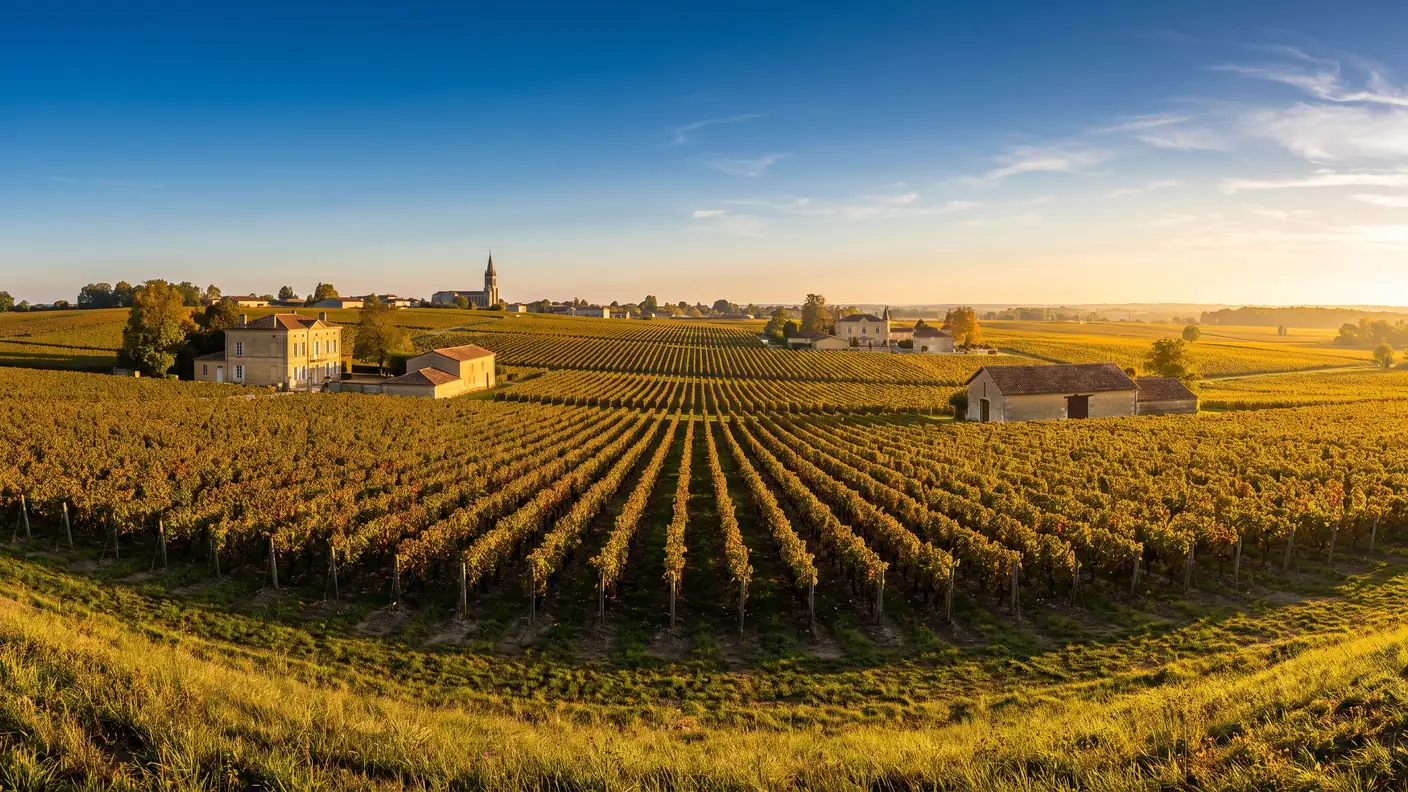 Panorama du plateau de Pomerol entre vignes, chais et clocher