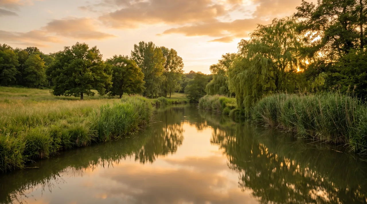 Petit ruisseau boisé serpentant dans un vallon vert de l'Entre-deux-Mers près de Pompignac, eau miroitante et saules