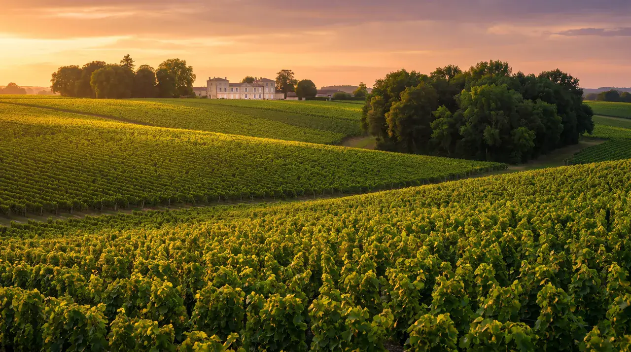 Rangs de vignes de Bordeaux sur des coteaux doux près de Pompignac au soleil couchant, manoir de pierre claire au loin