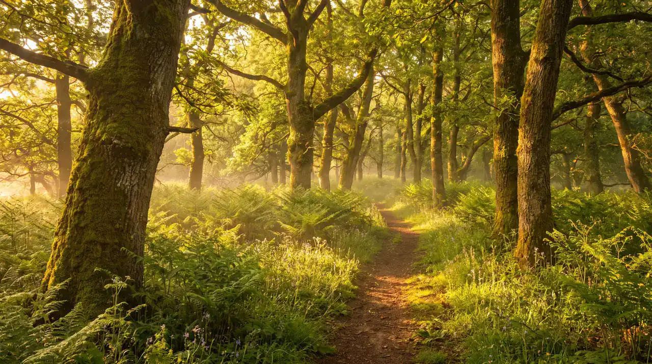 Bois de chênes et de châtaigniers près de Pompignac dans une lumière chaude, tapis de fougères et sentier entre les troncs