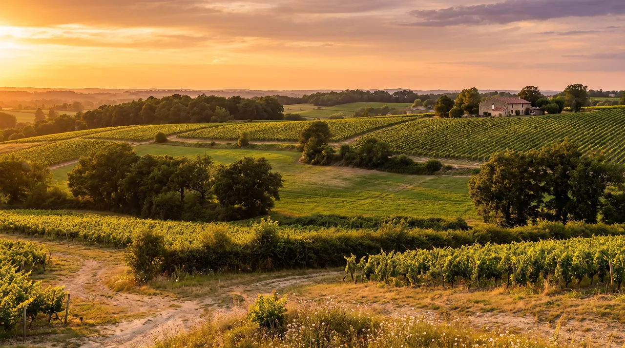 Coteaux de l'est bordelais près de Pompignac au coucher du soleil, pentes de vignes et de champs, ferme de pierre au loin