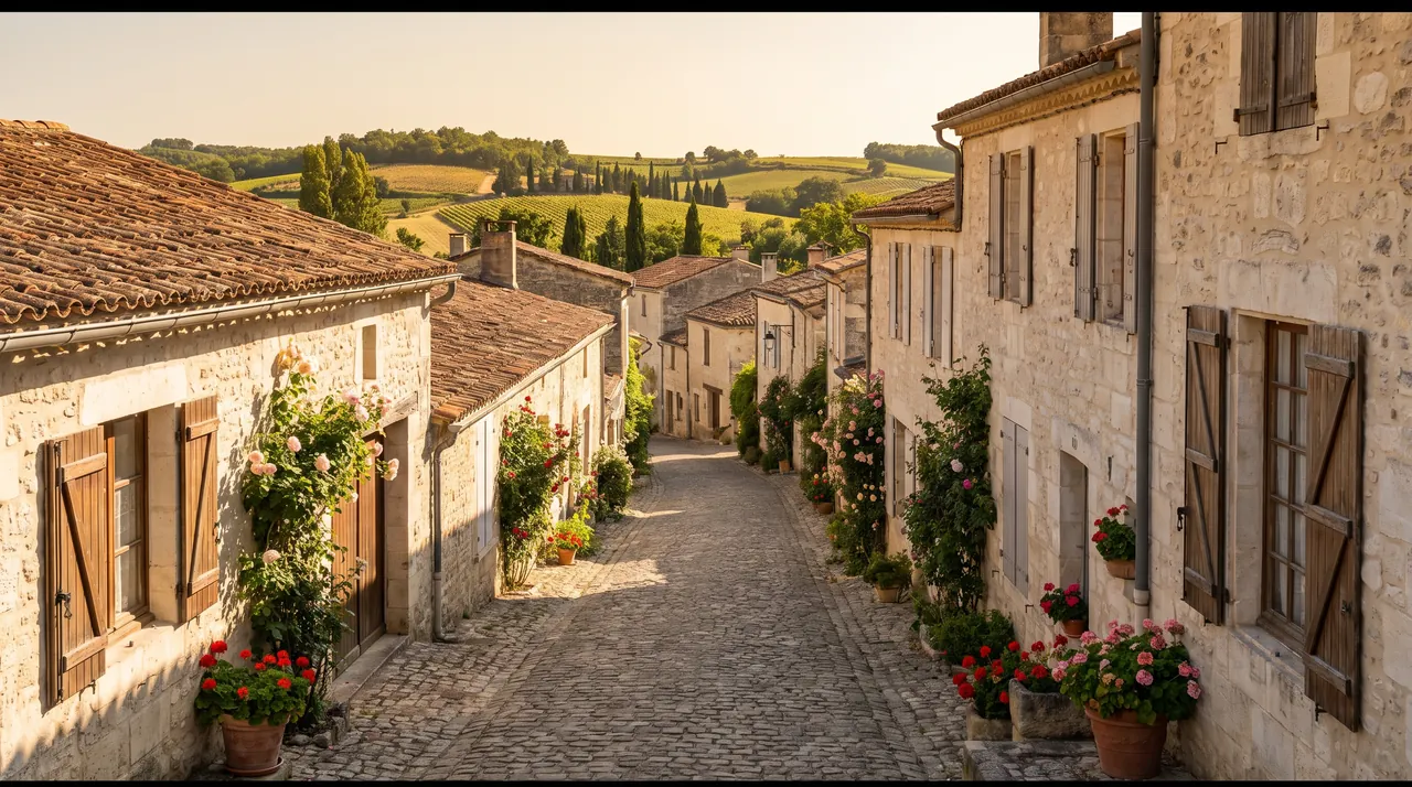 Ruelle tranquille d'un hameau de pierre près de Pompignac, maisons claires à volets et toits de tuiles, sans voiture