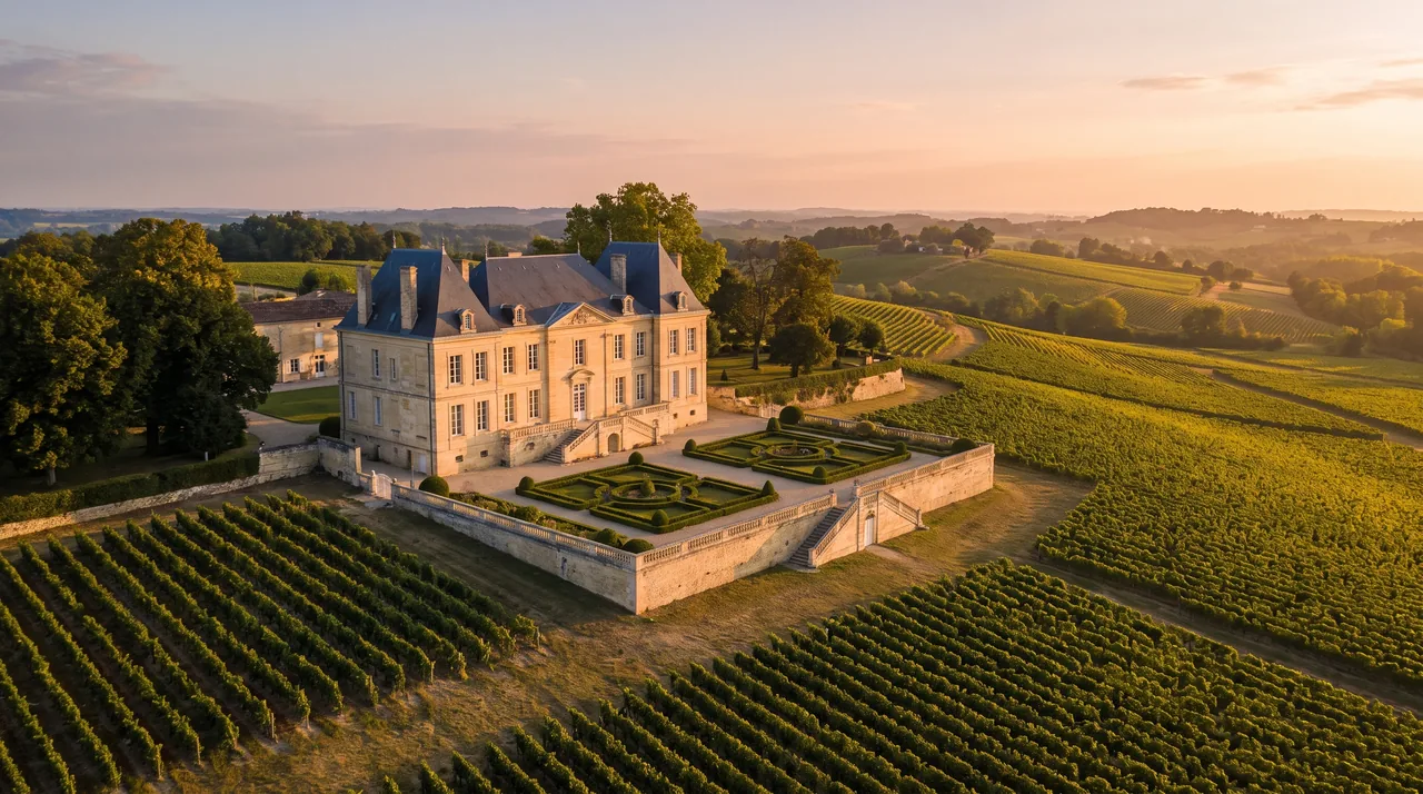 Château des Graves du XVIIIe siècle en pierre claire à toit d'ardoise, jardins et vignes, lumière chaude