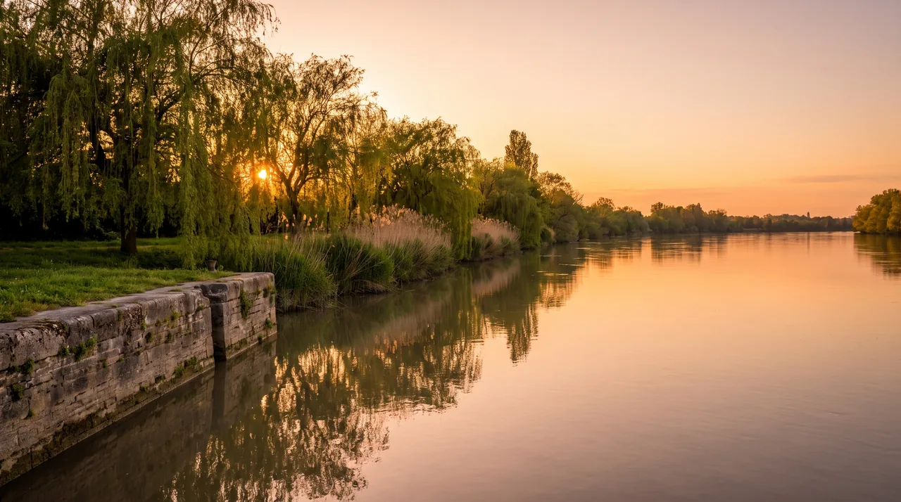 La Garonne calme au soleil couchant le long d'une berge avec un quai de pierre à Portets, saules et roseaux