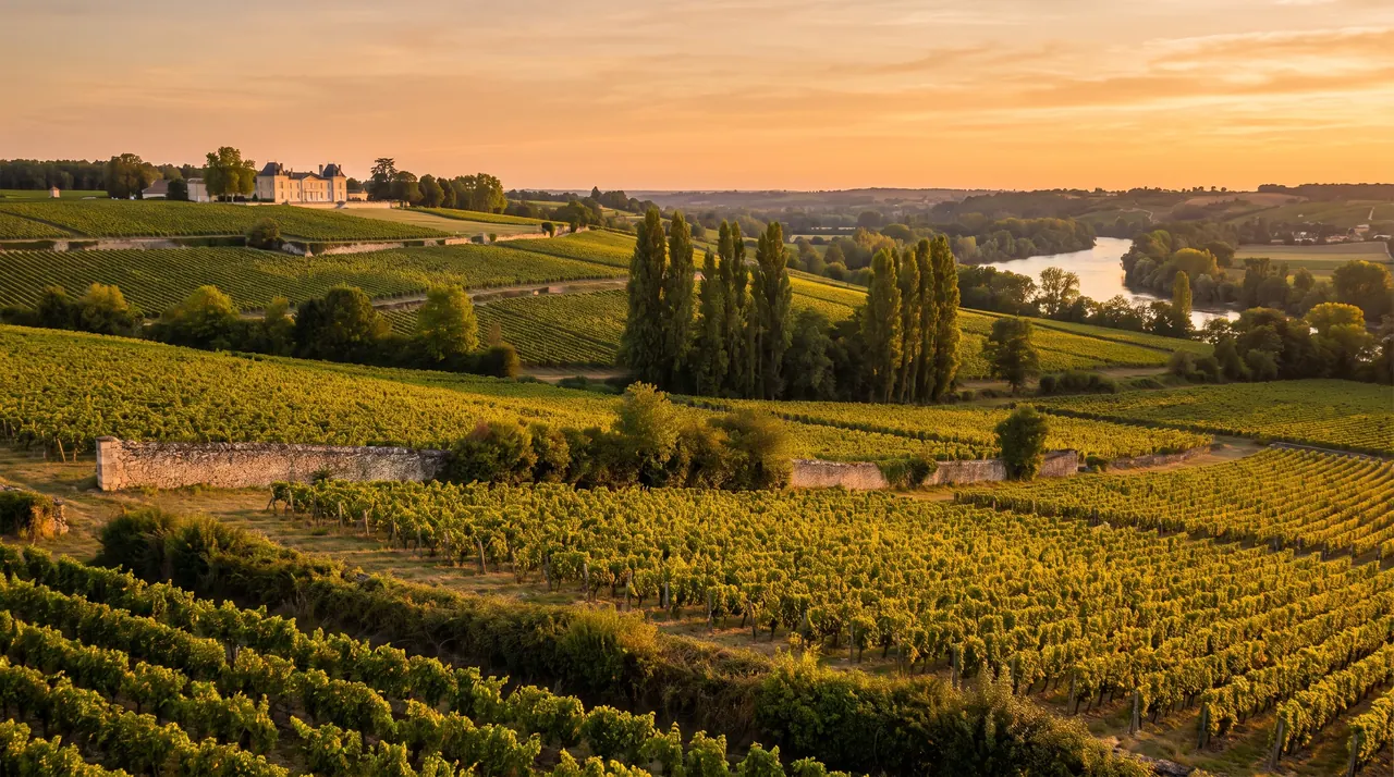 Campagne des Graves près de Portets au coucher du soleil, vignes, haies, peupliers et un domaine de pierre au loin