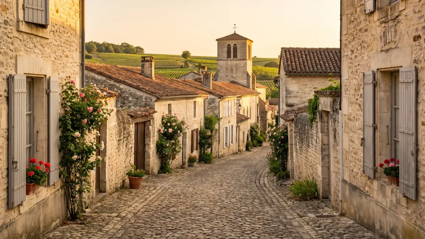 Ruelle tranquille d'un village viticole des Graves, maisons de pierre claire à volets, clocher au fond, lumière chaude