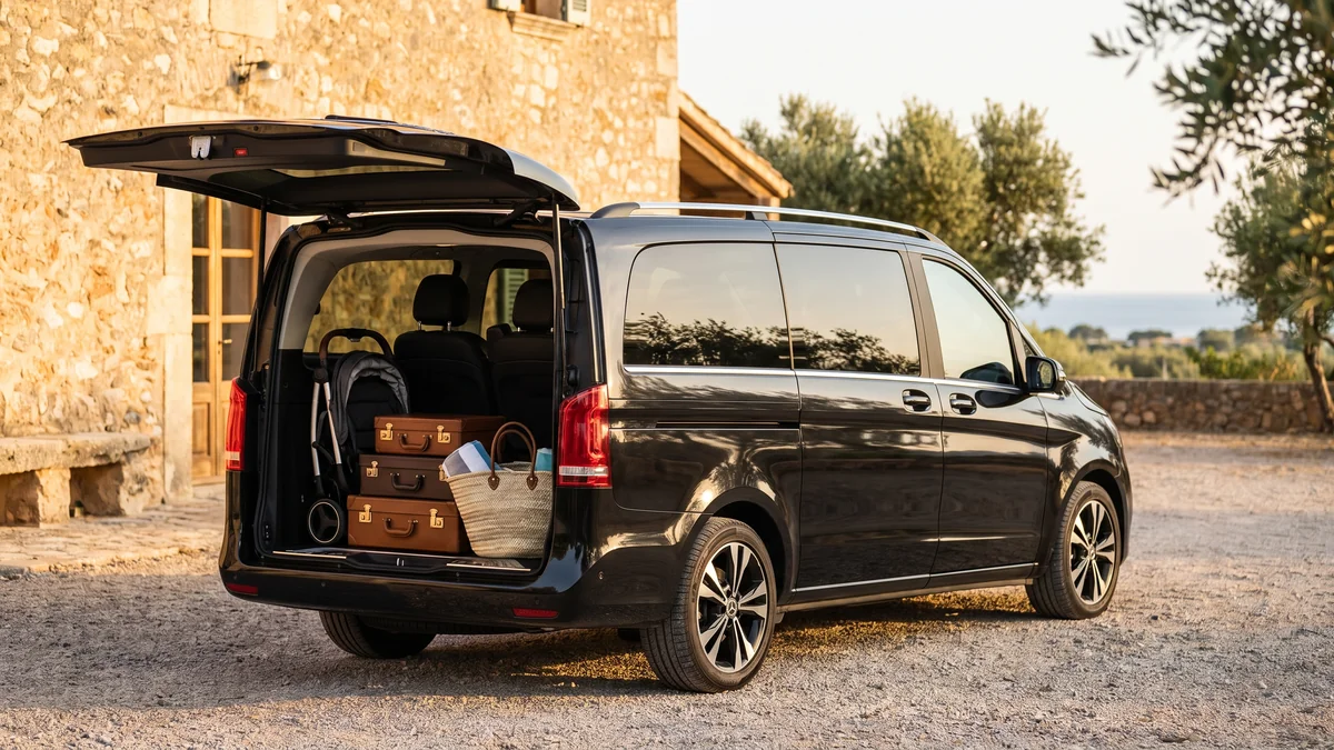 Coffre séparé d'un van avec poussette pliée et valises de famille à Bordeaux
