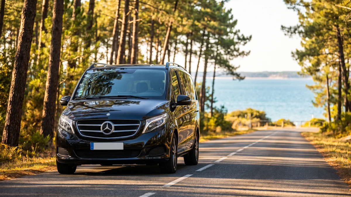 Van avec chauffeur sur la route du Bassin d'Arcachon avec une famille à bord
