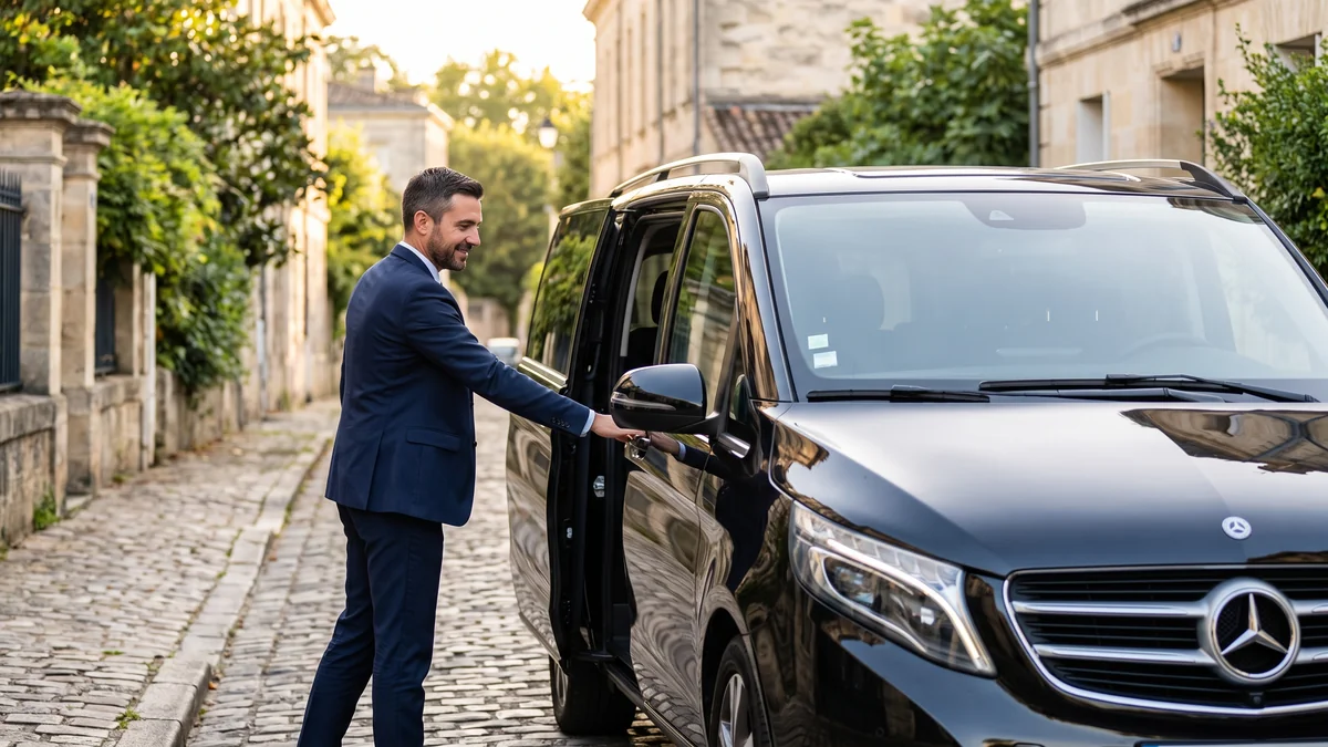 Chauffeur de van accueillant une famille avec enfants devant un domaine en Gironde