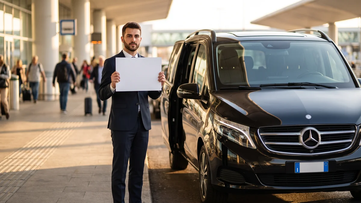 Chauffeur professionnel accueillant une délégation d'affaires près d'un van à Bordeaux