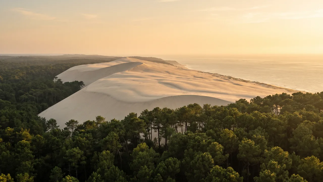 Dune du Pilat au-dessus de la forêt de pins, avec le sable sculpté par le vent