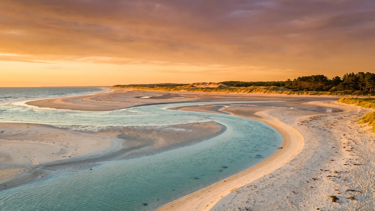 Embouchure lumineuse du Bassin d'Arcachon rejoignant l'océan au soleil couchant, bancs de sable pâles et chenaux turquoise