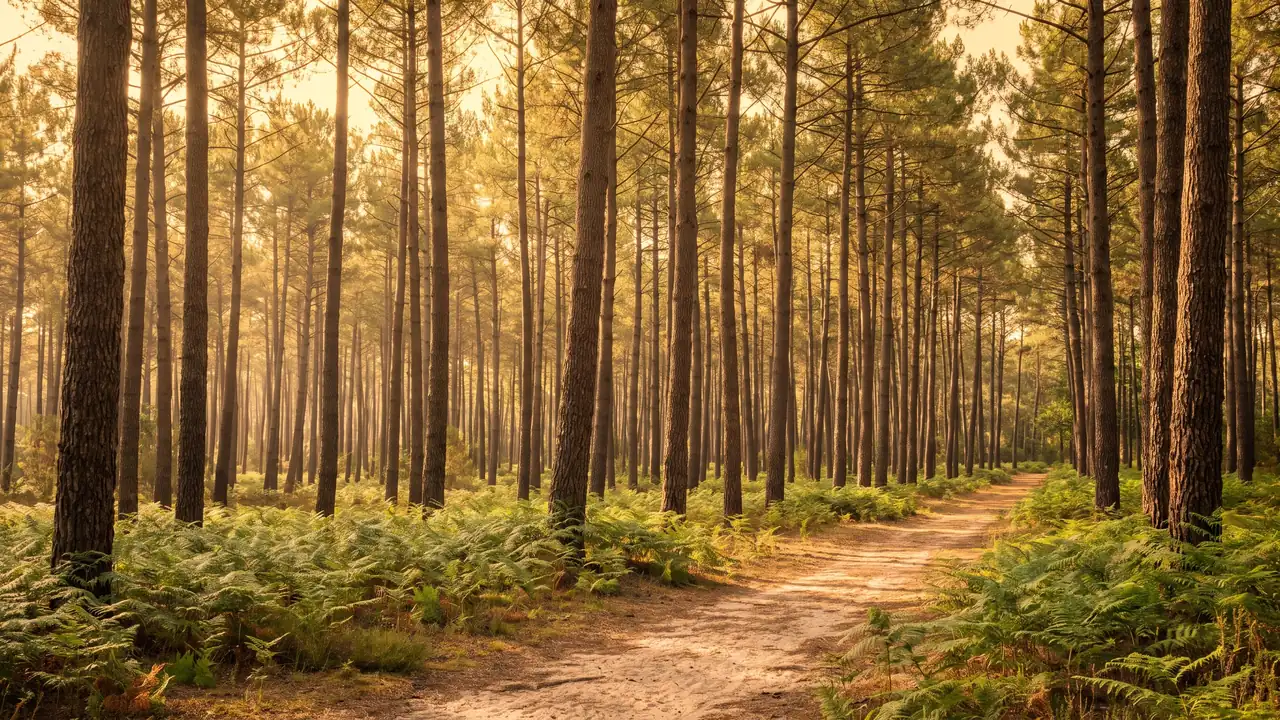 Forêt plate de pins maritimes à Pyla-sur-Mer, troncs élancés, tapis de fougères et sentier sablonneux dans une lumière chaude