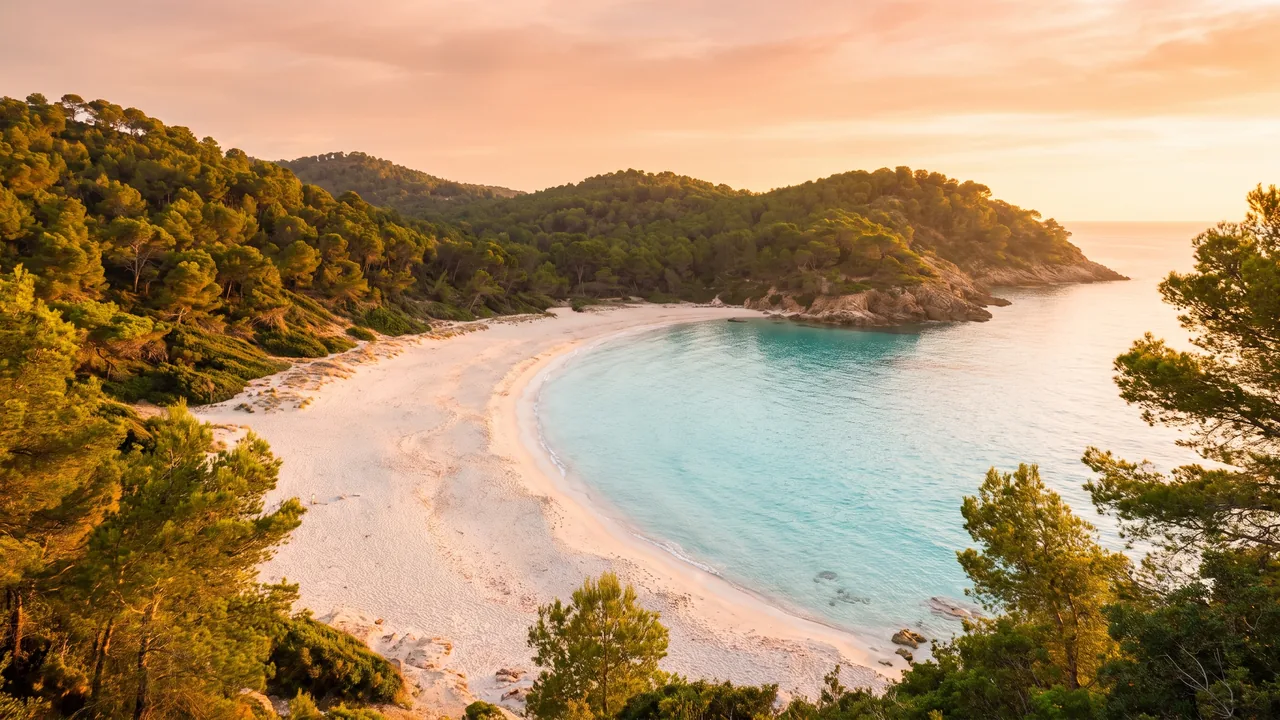 Petite plage de sable abritée à Pyla-sur-Mer, encadrée de pentes couvertes de pins et de sable clair, eau turquoise calme