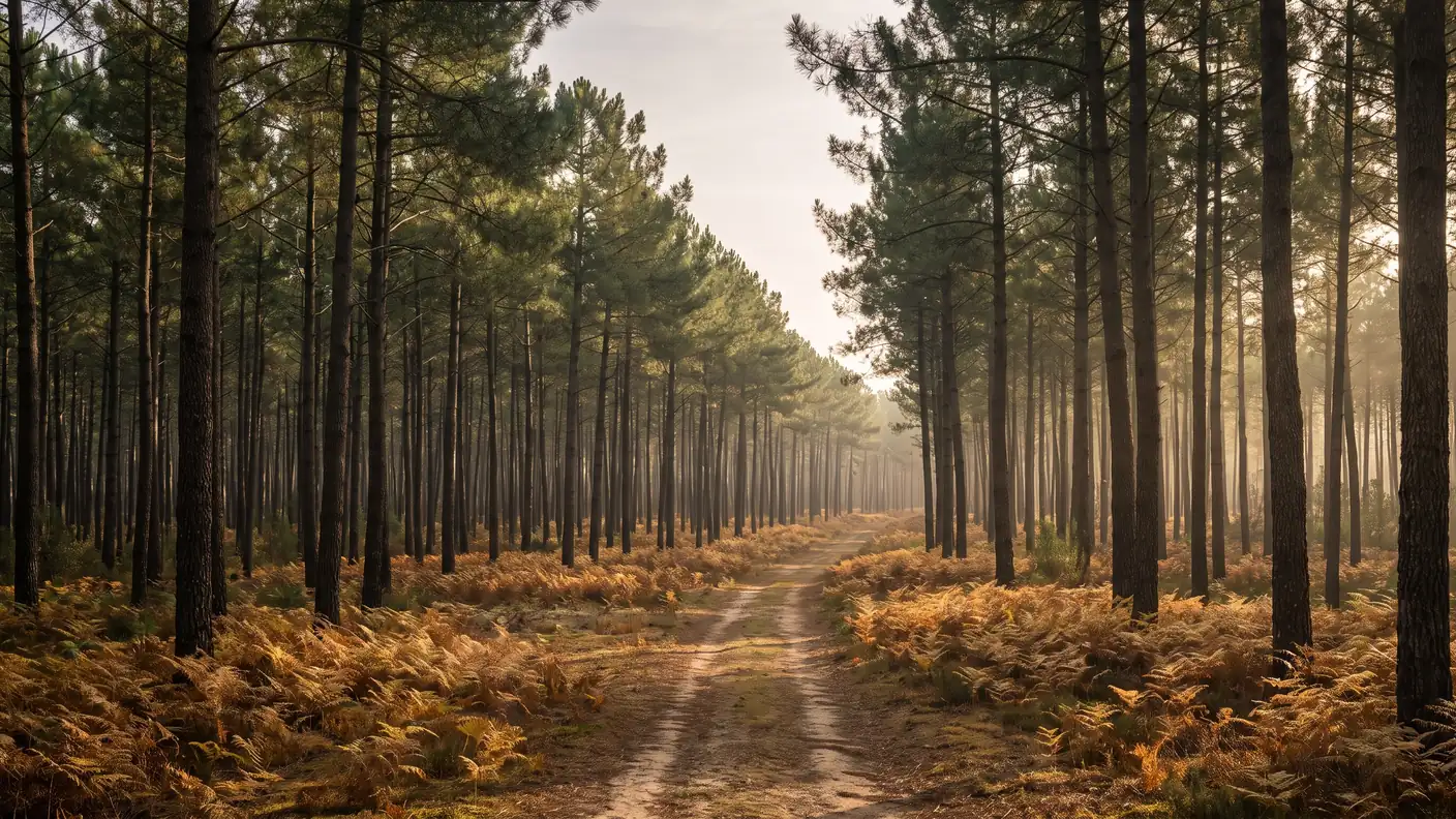 Forêt de pins maritimes des Landes de Gascogne près de Réaup-Lisse, sol de fougères et allée forestière baignée de lumière